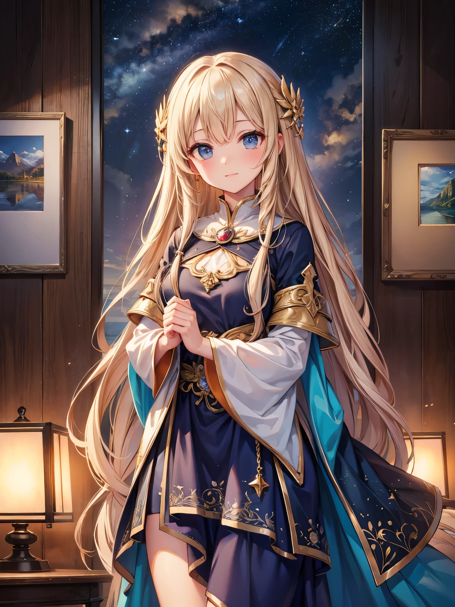 ((Highest quality)),(Ultra-high resolution),(Super detailed),(Detailed Description),((The best CG)),(masterpiece),Highly detailed art,(Art with precise detail:1.5), shooting star, Make a wish, Goddess Light, stardust,