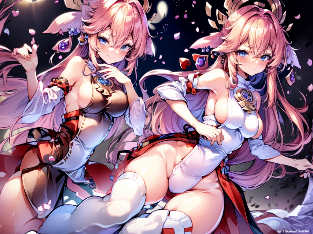 (masterpiece), (best quality), best illumination, 1girl, best shadow, an extremely delicate and beautiful, finely detail, depth of field, bloom, shine, glinting stars, classic, highres, original, perfect lighting, colorful, light smile, pink hair, long hair, green eyes, huge breasts, thick thighs, blush, open mouth, on bed, arms up, from below, [thigh gap], white lingerie, white thighhighs, pink,, pov,