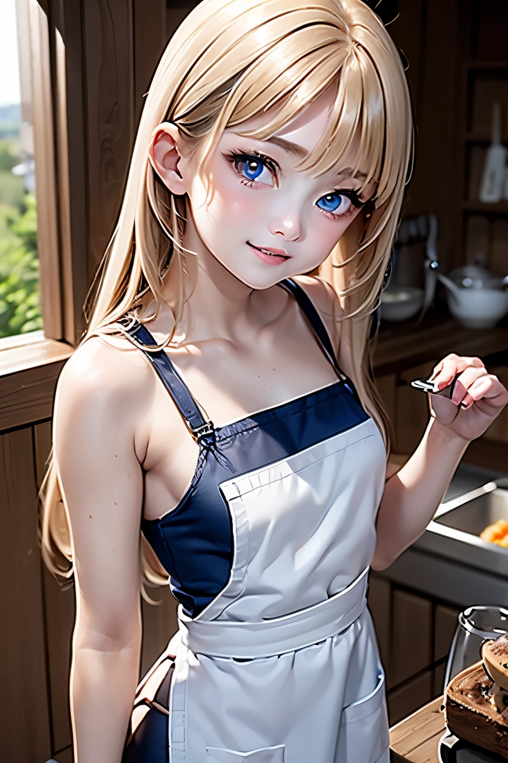 (((1  cute girl/Flat chest/whole body))), (((In the kitchen))),(((innocent))),(((Petite figure))),(((Big Blue Eyes))),(Lightroom:1.13)、Soft Light、(Natural Skin Texture:1.2)、(Hyperrealism:1.2)、Sharp Focus、Highest quality, Photorealistic, In 8K, High resolution, (Skin Dentition), (Portrait:0.6), Pure Eros Face_v1:1,(((A pure 10-ye-ol、Nicete girl、(((Super white and cobalt blue combination sports bra swimsuit/Super Mini Frill/Small breasts:1.72))),((Dark blonde long straight hair/Hair band/neckband, Parted bangs:1.7)), (((See through clothes))),(((Undersized clothing))),(((Revealing clothes))), (((Childlike)))、(i))),(((Spreading legs))),(((lines in the pussy))),(((camel toe))),(((ベリーFlat chest))),(((NSFW)))