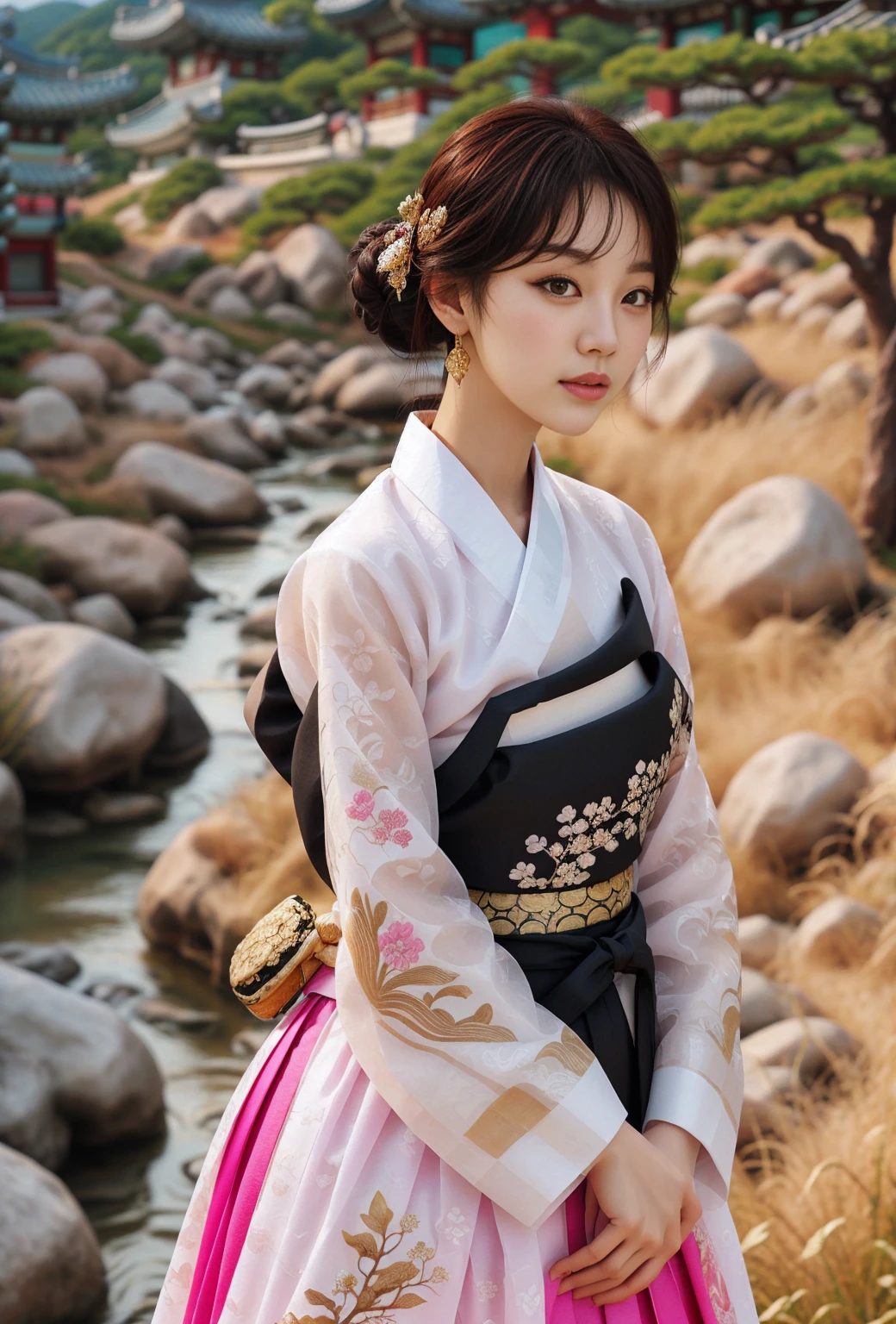 (masterpiece), (Detailed illustrations), top quality, illustration, (intricate details), (Korean style, realistic: 1.37), Close-up of upper body, Very delicate and beautiful. 1 woman, alone, Korean woman wearing a summer hanbok made of soft material, The Girl in the Hanbok, (20 years old), pale skin, Black hair pulled up into a bun and decorated with gold decorative pins, headdress, earring, floral pattern, Summer hanbok made of thin material, Close-up photo of a woman standing wearing a wide, voluminous pink hanbok skirt, beautiful, Gorgeous and elegant, Detailed depiction of classic Korean traditional costumes, Green trees and grass, clear and clean stream, Detailed and detailed background representation with stones,