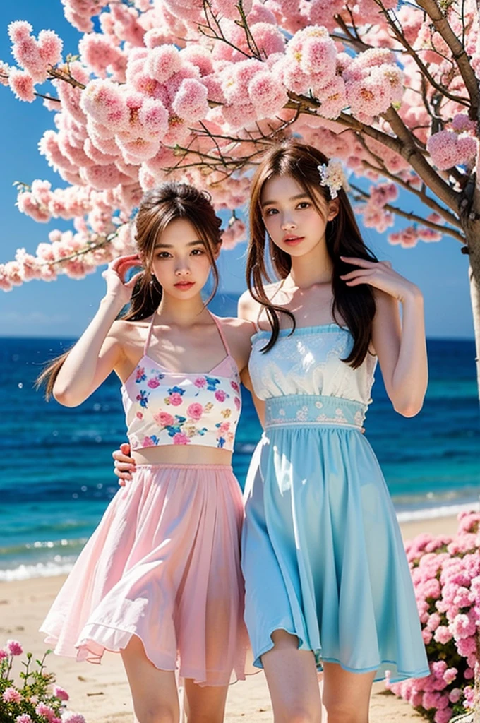 One lady, (Very small breasts), japanes, (Twin-tailed), Hair color pink, An ultra-high picture quality, ultra-quality, Happy smile,, realisitic, 8K, Double eyelids, Big eyes, full bodyesbian, Cute dresses with floral patterns, Frolic on the beach, 4K, Beach, 20yr old