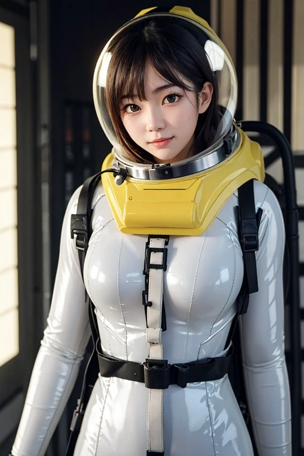 (8k, RAW photo, best quality, masterpiece), (photorealistic), outstanding details, ultra-high resolution, anatomically correct, textured skin, space helmet, helmet, bodysuit, diving lama
room, upper body, yellow hair
(Cute Japanese girl , 20-year-old), 