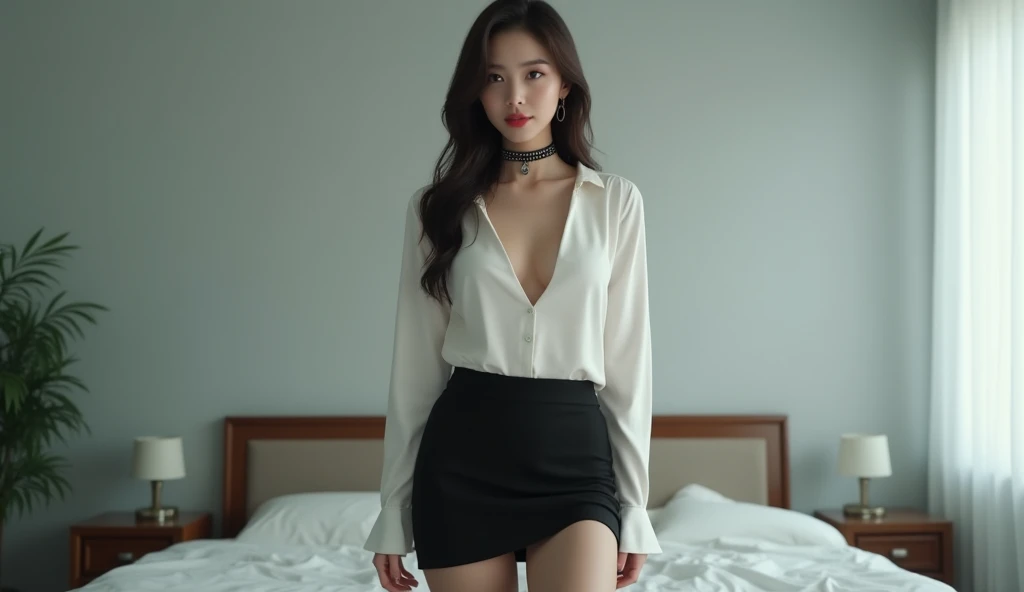 ((top quality, 8k, masterpiece: 1.3, raw photo)), Sharp Focus: 1.2, (SOLO), (1 aespa girl: 1.2), (Realistic, Photorealistic: 1.37), (face focus: 1.1), cute face, small breasts, flat chest, short messy hair, updo, nude, (button down black shirt, chiffon panties, thigh: 1.2), standing, hotel room Under Lamp Light, cinematic lighting,