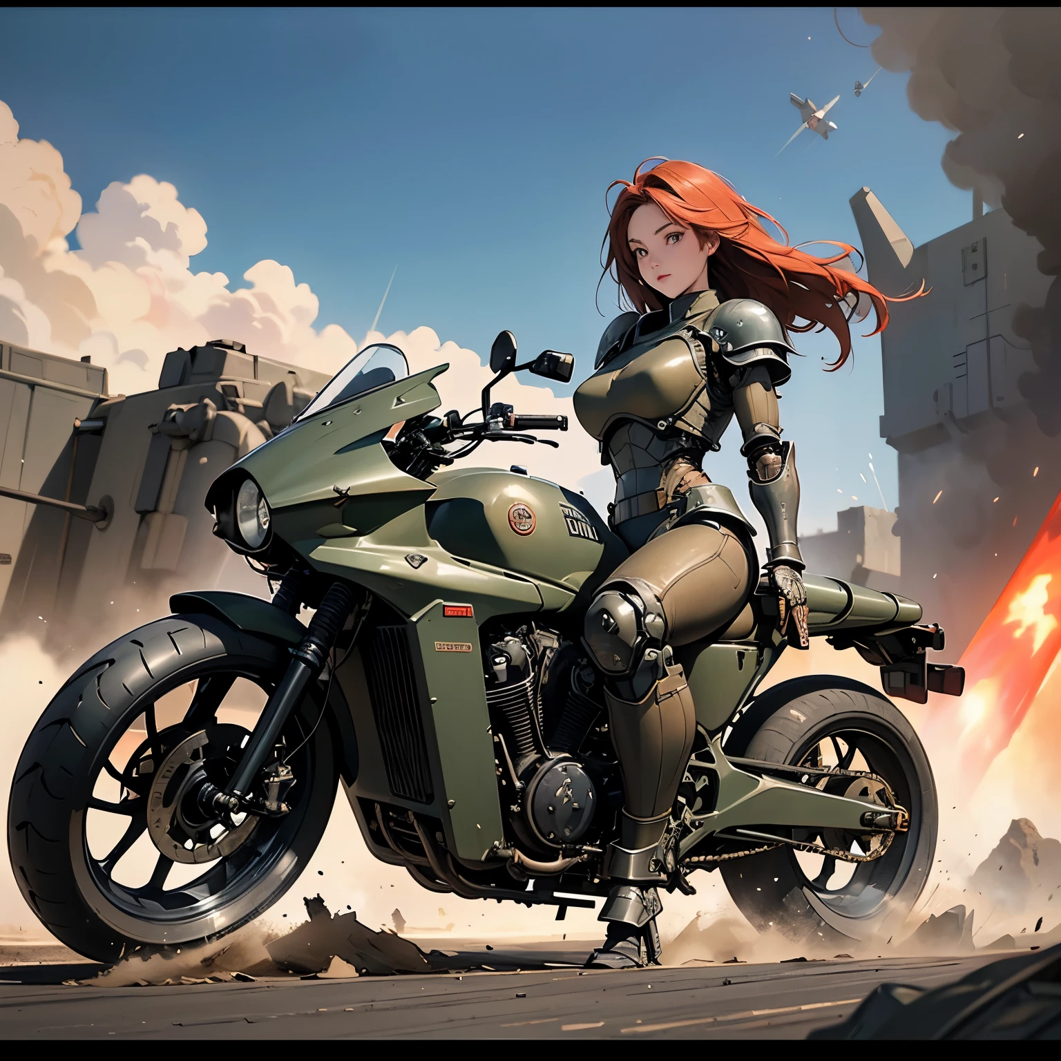 nsfw, anime screencap, 16K, perfect anatomy proportion body, perfect hands, action, A dynamic composition with a sense of speed and movement, (open cockpit, Ride a large, heavily armored military bike:1.6), a wife, 40age, perfect beautiful delicate sexy face, perfect beautiful delicate slanted eyes, red hair, swept bangs pixie cut, medium breasts, Camouflage colored heavy armor robotic steam engine full armor powered suit, Many robot soldiers having a gunfight in the background, Flying bullets, Desert Battlefield, war, cyber punk,