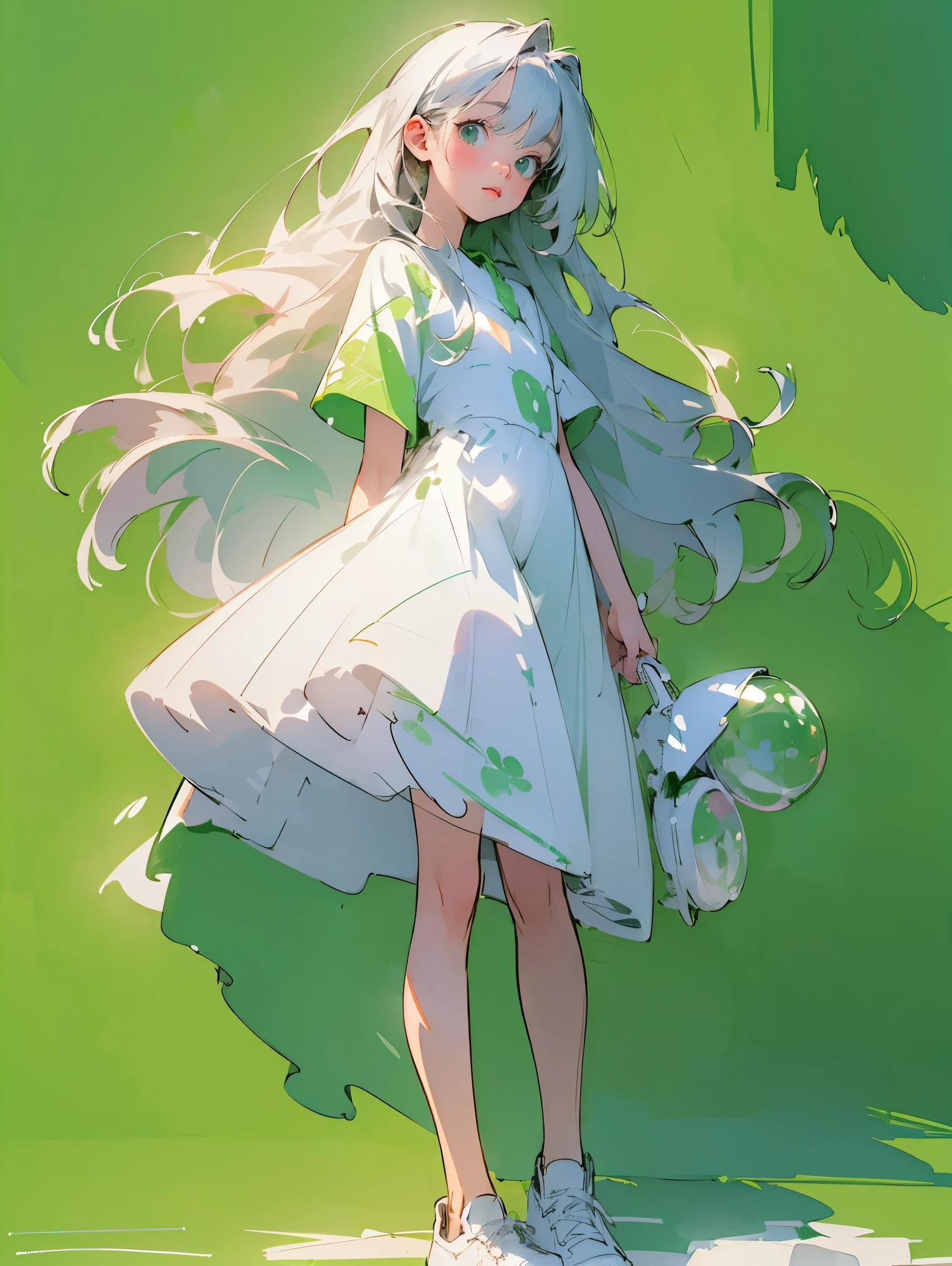 (Green background:1.3),(Blurred background:1.3),(Highly detailed:1.3),(Hard light,Studio light,Light rays,Dappled light,Reflections,Shadows,Ray tracing:1.0),(Rough sketch:1.5),(2D:1.3),Cute girl,Green background,Anime illustration,Realistic,Watercolor style,Long silver hair girl,Long limbs,Sneakers,White soap bubbles,Sneakers,White dress with floral pattern,Standing.