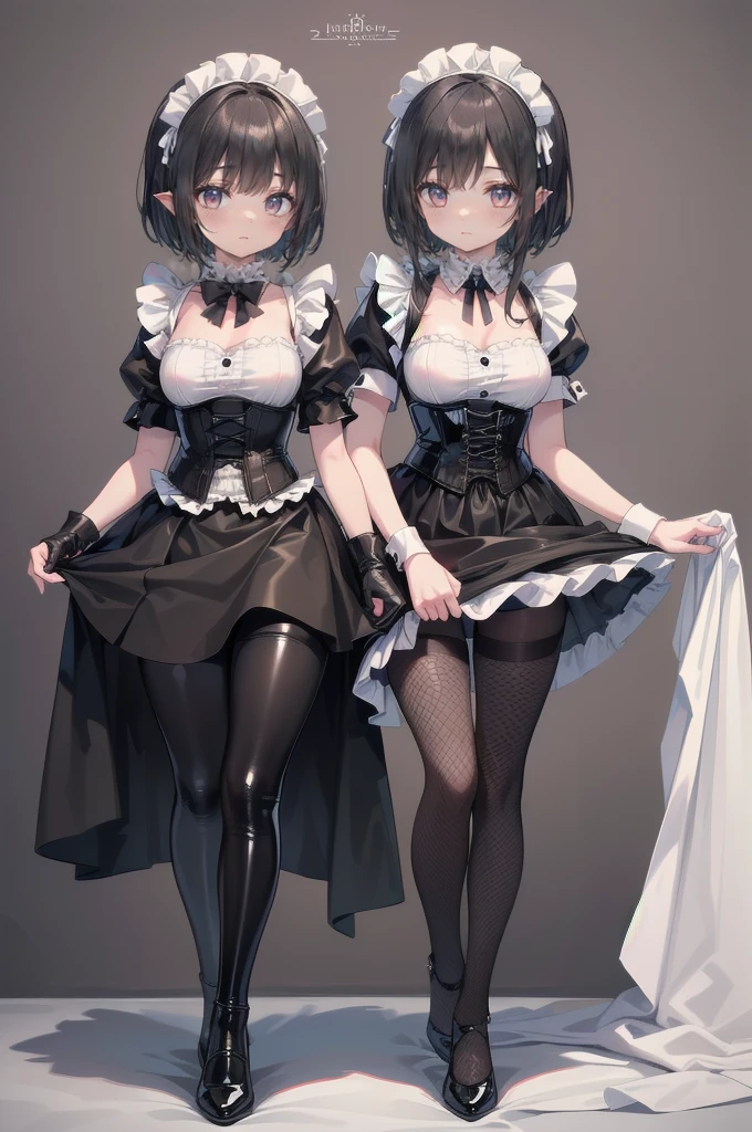 Two beautiful mature women:1.3,Sisters,(Detailed Description,Unbelievably absurd,High resolution,8k wallpaper,masterpiece,Highest quality,Regional Depth,Anatomically accurate depiction),(Glowing Skin,Glowing Skin,Oilskin),((Succubus disguised as a maid)),(Black and white latex maid outfit,Maid Skirt,corset,Fishnet tights,Little devil&#39;s wings),eyelash,(Glowing purple eyes,Crazy Eyes,There is cleavage in the chest,Wicked Smile,Glossy lipstick,The two of them making seductive gestures:1.3,Half-closed eyes:1.2),Sweat,(whole body),Pink light,