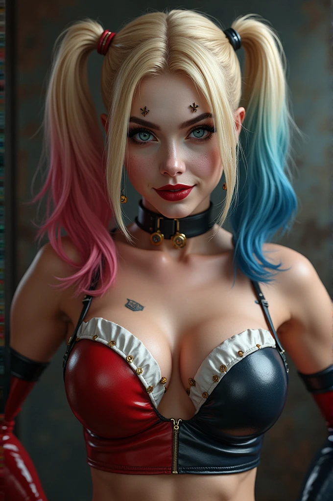 (best quality). (Ultra Detalhado). (1girl), Olhando para o Viewer. (Antecedentes detalhados). belos olhos detalhados. rosto delicado e bonito. (high saturation), seios grandes, droopy breasts, sexy Harley Quinn costume,