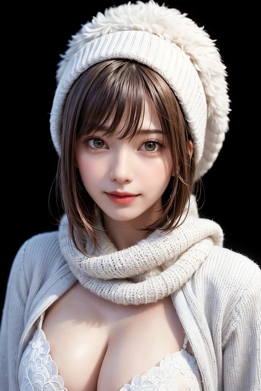 (masterpiece, top-quality、Very attractive adult beauty、Add intense highlights to the eyes),1girl in, 独奏, A dark-haired, scarf, Hats,, realisitic, looking at the viewers, black eyes of light color, shorth hair, coat, Winter clothes, White headscarf, s lips, lipgloss,bangss, The upper part of the body、big eye、Lashes)、((Road system in Italy))、((Shorthair with bangs、big eye、Put very strong highlights in your students、very Bigger breasts、gazing at viewer、Very beautiful beauty、Put your ears out、long neck、little smiling、Beautiful teeth、Open your mouth and smile、stares at the camera))、28 year old、Very cute supermodel