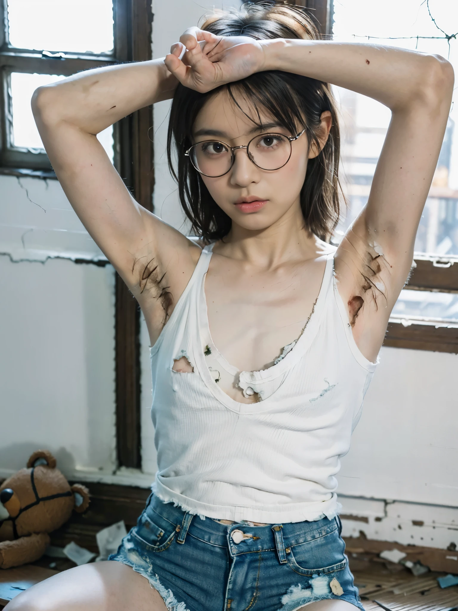 raw photo, 8k, (top-quality), Realistic, (real picture, Intricate details), (natural skin texture, detailed skin, hyper realism, sharpness), Japanese age glasses girl sitting, (hands behind head, armpits exposed), ((dirty tattered white tank-top, dirty tattered denim short shorts)), (sneakers), (((Small chest:1.3))), skinny body, pale skin, navels exposed, glasses, (messy hair, bangs), girl in an abandoned apartment building, Room being demolished, dusty room, cracked wall, Messy floor, Pile of rubble:1.3, broken window, tattered curtains, cracked Window glass, (Tattered teddy bear:1.3), The ruined city is visible outside the window, Full body shot, xtrhairy2