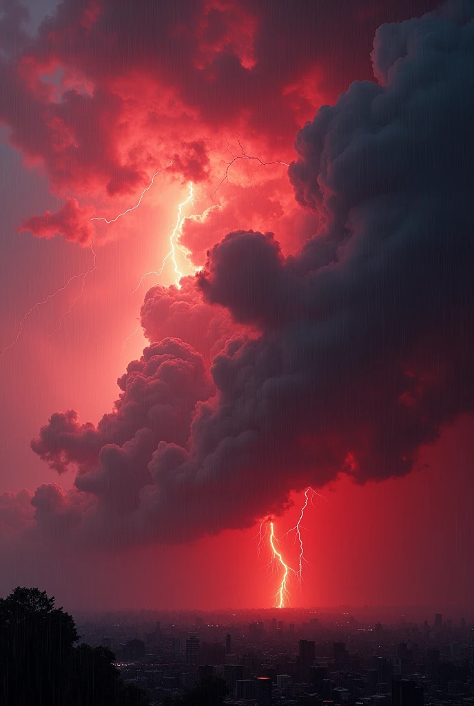 Red sky with lightning and flying leaves