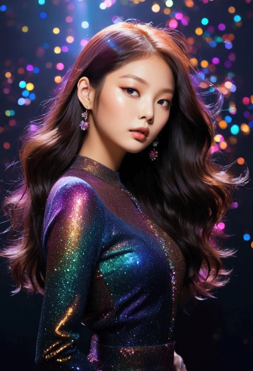 1girl, iridescence, dramatic angle, space, (floating colorful sparkles:1.3), Dramatic Lighting, Chiaroscuro, Evocative Depth. Portrait. Kpop. Unexpected face shape reminiscent of kim jennie's ethereal allure