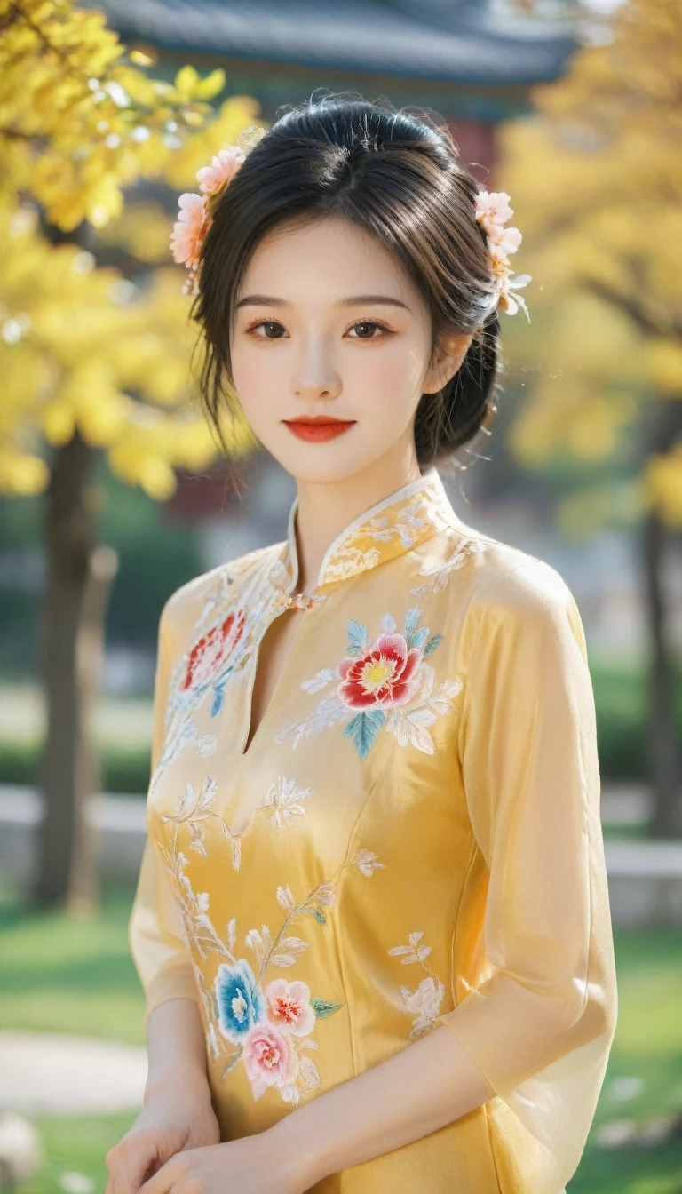 Portrait of a beautiful young woman in a chinese cheongsam, smiling and standing, showcasing her thighs, medium shot, vibrant and colorful oil painting with bold brushstrokes, intricate embroidery on the cheongsam, delicate flower patterns on the silk, blurred background of a sunny park with warm and soft light, 8k resolution, lifelike, masterpiece, photorealistic, high contrast, soft focus bokeh, warm golden lighting, delicate textures, beautiful composition.