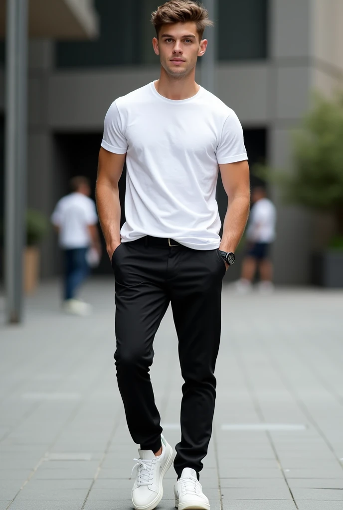 Male in white t-shirt tucked in black trousers