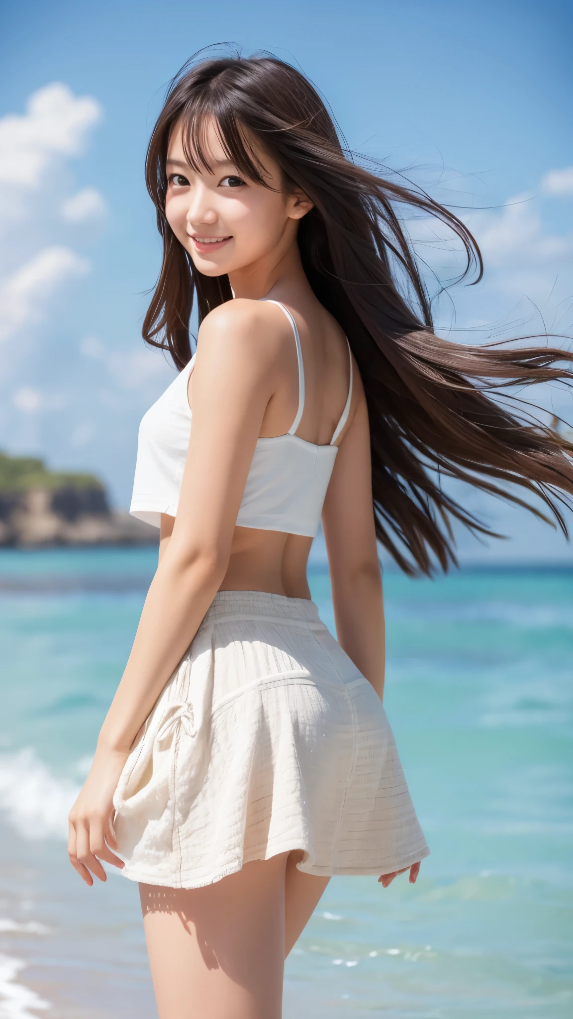 (8k, RAW photo, best quality, masterpiece:1.2), (realistic, photo-realistic:1.4), (extremely detailed 8k wallpaper), Japanese 20 age woman, she is wearing a white dress,The background is the sea,The wind blows my skirt up,she is smiling,ponytail,My skirt floats up in the wind and I can see my underwear.,I'm wearing a straw hat, but it looks like it's going to be blown away by the wind.