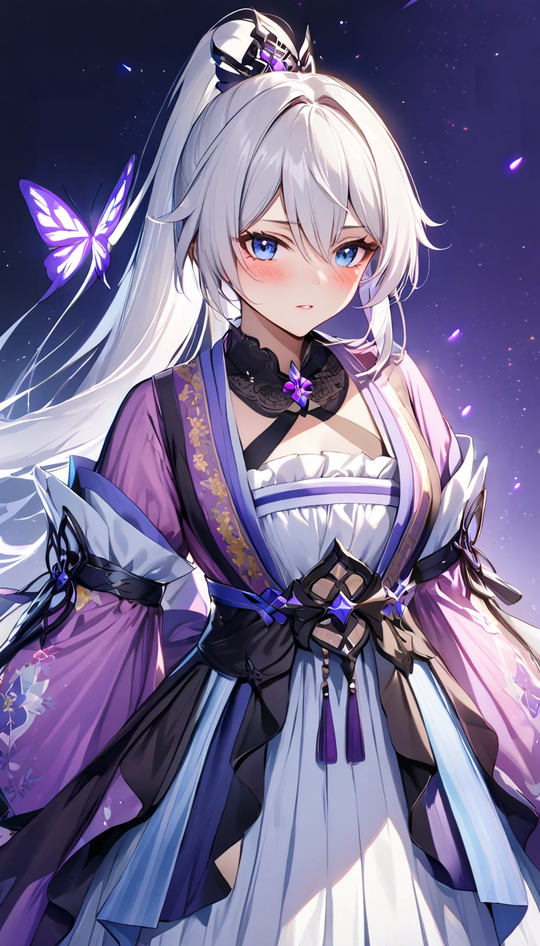 ultra HD, high-resolution, detailed, (highly detailed:1.5), (sharp focus:1.4), (crisp edges:1.3), 1girl, kiana kaslana \(honkai impact 3rd\), herrscher of finality, white hair, ahoge, ponytail, very long hair, blue eyes, looking at view, blush, upper body, (elegant hanfu-inspired dress:1.6), (sheer violet sleeves:1.5), (embroidered bird and butterfly motifs:1.4), (high-collar neckline:1.4), (layered skirt:1.3), (traditional-meets-modern design:1.5), 