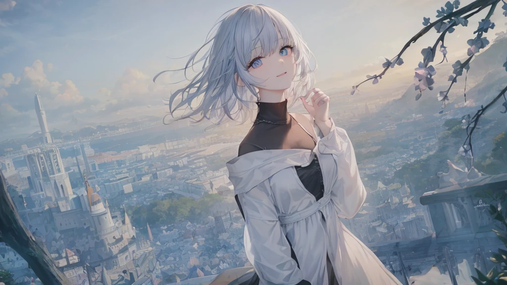 1 Girl,Shy,barefoot,white blue hair,blue eyes,Lying on the planet,line-up,line-upGiga,city building,line-upCity,look up