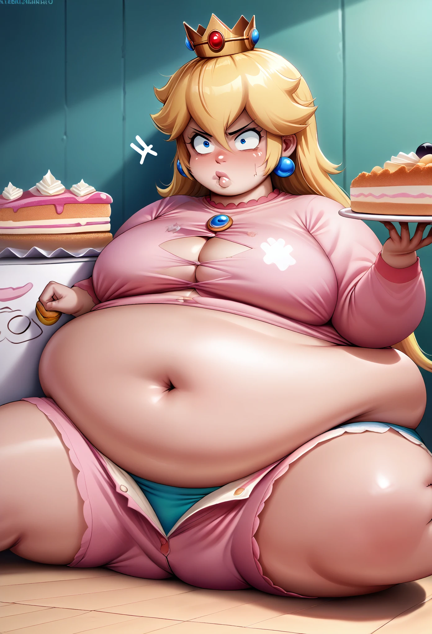 score_9, score_8_up, score_7_up, source_anime, princess peach, crown, pink pajamas, annoyed, anger vein, food, cake, potato chips, bag of chips, button gap, (immobile), sitting in floor, puffed face,  obese, large sagging chest, short shorts, skindentation,  legs spread, 