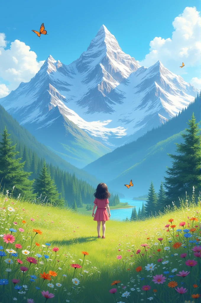 In a green meadow stands a girl with blue eyes and brown hair in a swimsuit having a picnic.
RUPTURE Avec une expression courageuse, elle les guide vers leur destination.
POUR RUPTURE Derrière elle, a green forest&#39;extends, and beyond that, les montagnes s&#39;rise far away.
POUR RUPTURE L&#39;effet le plus approprié pour cette scène serait une technique de peinture à l&#39;aquarelle pour capturer la douceur de la prairie et la fluidité du mouvement..

