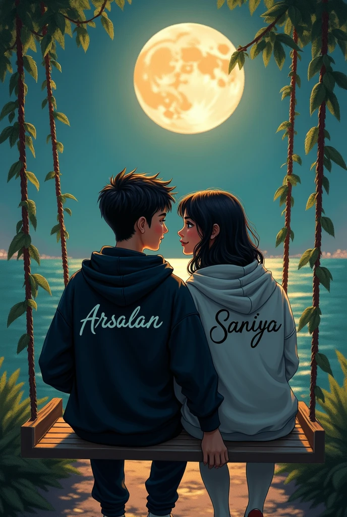20-year-old couple sitting on a swing in front of a gorgeous view of the greenery on the Dubai beach. They are wearing black and white hoodies with the names Anurag for the boy and Nikita for the girl written on them. The couple is a lovely pair sitting on a moon with a heart emoji and holding hands in the moonlight. The photo is a realistic art painting detail.