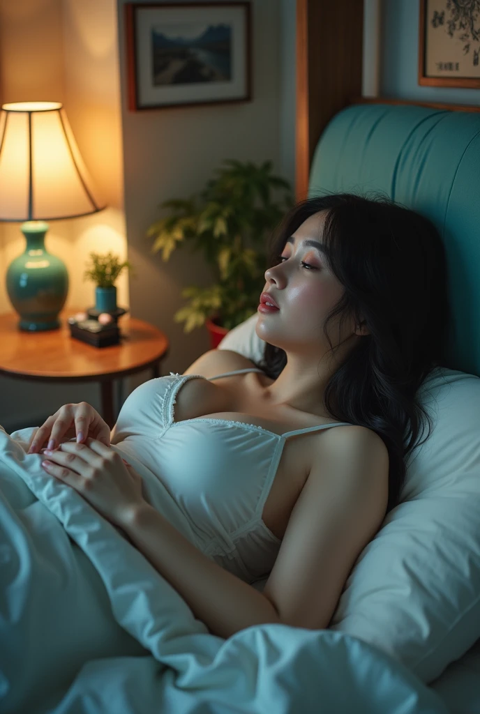 A naked Japanese woman sits on a bed, hugging a large pillow with the words "SeaArt Infinity" written on it, with her huge breasts partially hidden by the pillow, her cleavage exposed, looking at the viewer, full body shot, movie lighting, glow, neon,