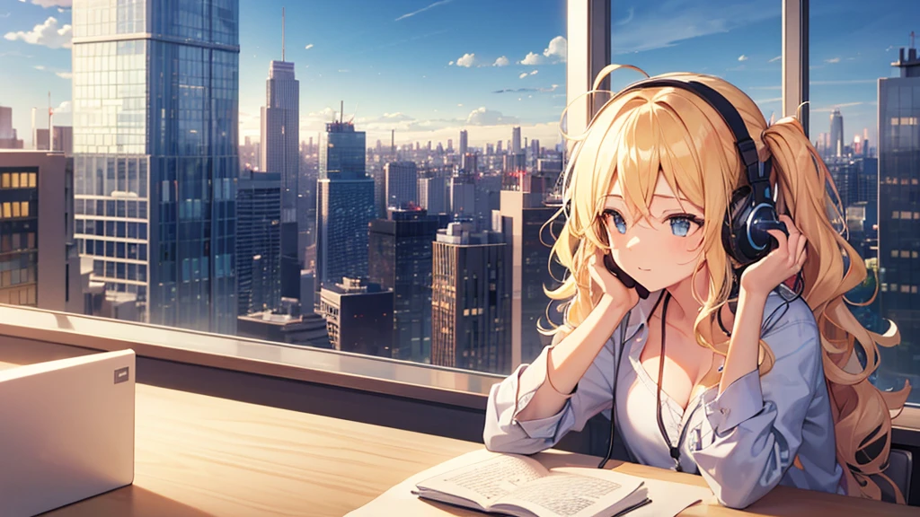 Sit by the window and work，laptop，Real girl，Detailed face，Short pale yellow hair，Dusk lights，