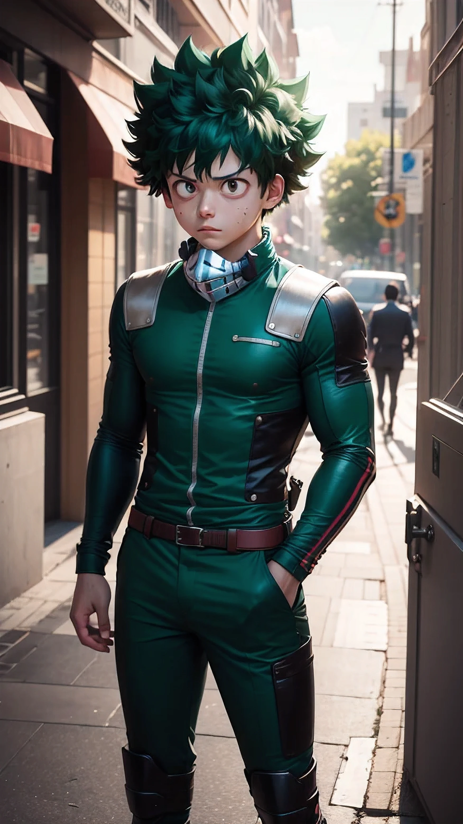 (midoriya_izuku), half body shot, identically his green suits , metal mask , A handsome boy, frontal, worried,on the street, super high detail, high real, 4K, super detail, anime boy, anime style.