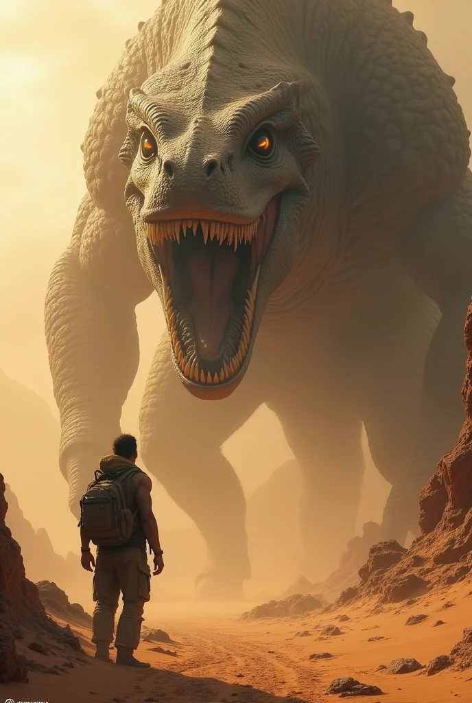 A very detailed painting,Depicts a man on a hill gazing at a giant alien monster, author:Shinkai Makoto, By Art Jem, From Wlop, author:Greg Rutkowski, Volumetric Lighting, Octane Rendering, 4K resolution, Popular on artstation, masterpiece