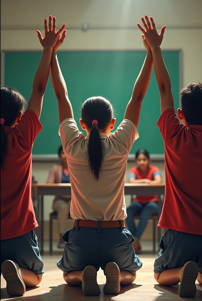 three fourteen year old students wearing sleeveless dress and shorts are in punishment with their arms completely raised above their heads in classroom