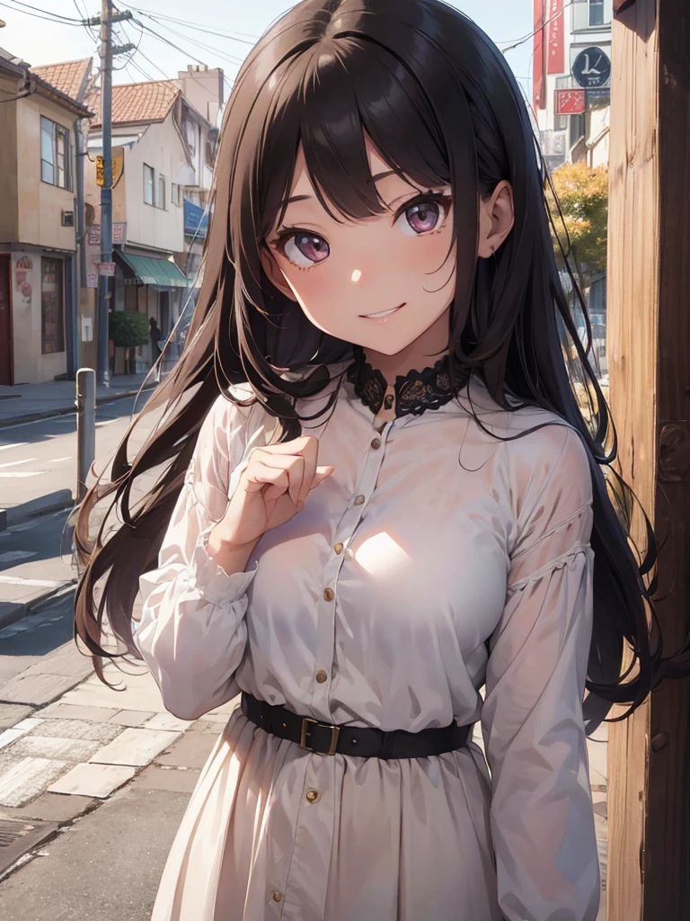 ((table top, highest quallity, high resolution, nffsw, pixel perfect, Written limit depth, 4K, nffsw, nffsw))), 1 girl, Solteiro, standing alone, cute anime girl, beautiful art style, anime character, ((long hair, bangss, chestnut hair)), ((greeneyes:1.4, round eyes, Beautiful eyelashes, realisitic eyes)), ((face detailed, blush:1.2)), ((smooth texture:0.75, realisitic texture:0.65, realisitic:1.1, anime CG style)), dynamic angle, ((brown sweater, longsleeve, Black Skirt, plaid hip skirt, chic, 1 diamond necklace)), ssmile, amusement park, ((Cherry blossoms, Cherry blossomsの花が散る))