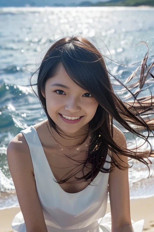 16 years old,high school student,Black Hair,bangs,Hair blowing in the wind,Straight hair,Dark Eyes,Small face,Young Face,Clean your eyes,Small Mouth,thin,Young Face,Flat chested,Flat chested,Flat chested,Small breasts,Small breasts,Small breasts,Realistic photos,8k,Mouth slightly open,Ultra HD,whole body,Pure girl,grassland,blue sky,whole body,,White tank top dress,summer,smile,Showing teeth,Back view,look back