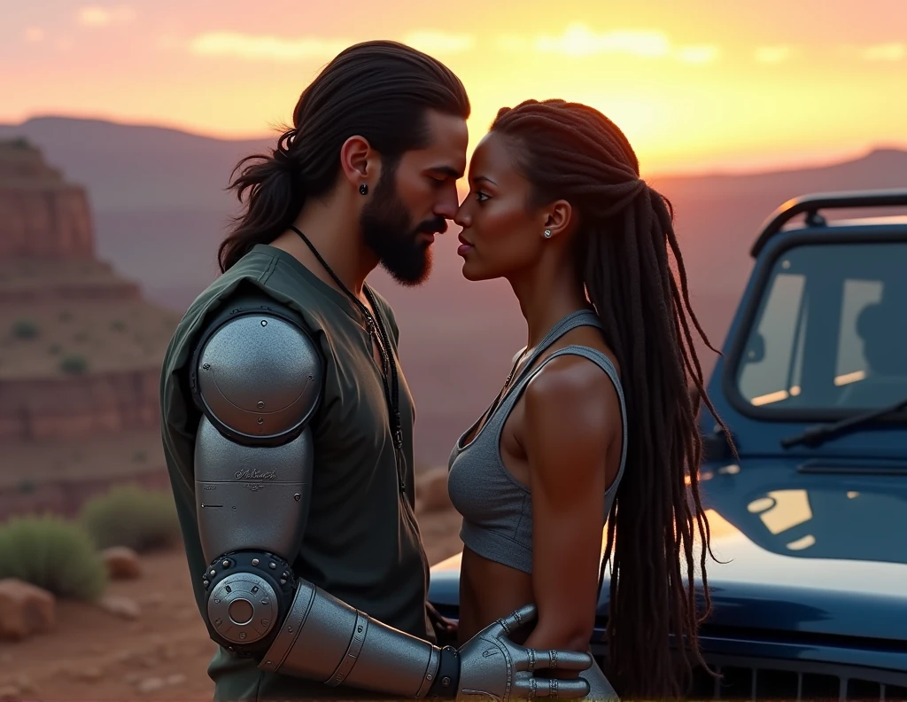 Woman with a Megan Fox face, with long hot pink hair, large breasts exposed, bare breasts, wearing only a gold thong, next to a strong man with a Henry Cavill face, long black hair, wearing black cybernetic armor with circuitry of light! They are fighting soldiers in black cyber armor in a desert and the background has mountains and a pink sky with a huge full moon!, photo, cinematic, fashion, vibrant, dark fantasy
