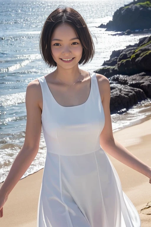 Real Photo,High resolution, Anatomically correct, High detail, Highest quality, A 20-year-old pure Japanese woman, Gentle smile, White sleeveless long dress, Slightly larger breasts, Late summer beach, Natural beaches, Blowing in the fresh breeze, Dramatic backlighting, Sparkling sunlight, Sparkling shoreline