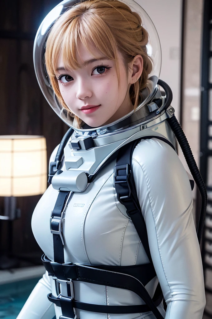 (8k, RAW photo, best quality, masterpiece), (photorealistic), outstanding details, ultra-high resolution, anatomically correct, textured skin, space helmet, helmet, bodysuit, diving lama
underwater, upper body, yellow hair, from side
(Cute Japanese girl , 20-year-old), 