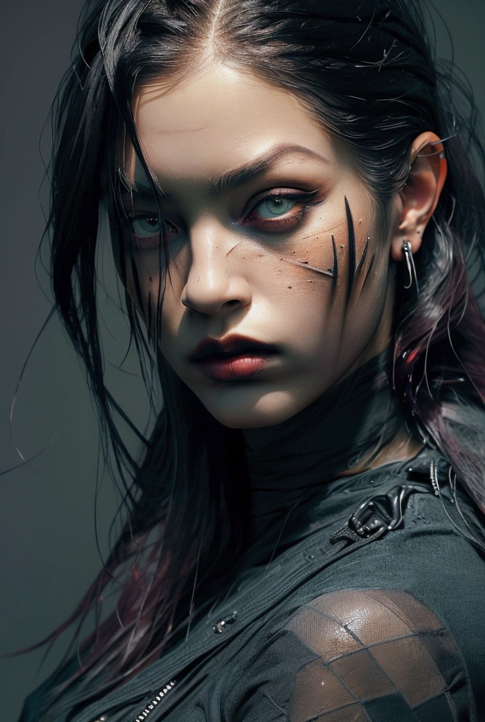 Quality (photo realistic style, uhd, 16K, Textured skin, superdetail, hight resolution), handsome girl, The perfect female face, Detailed eyes, mohawk, (blood on the face: 1.2), apocalyptic world in the background