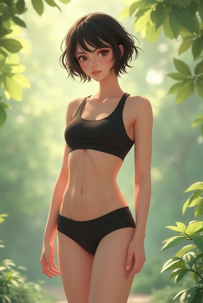 best quality, masterpiece,Black short hair, blue eyes, in the garden, ultra realistic, photorealistic, detailed, perfact body, in the jungle, cloudy, open mouth, blush, wearing crop top, sleevless, bare shoulder, unconcerned, NSFW, cute, contrast,
