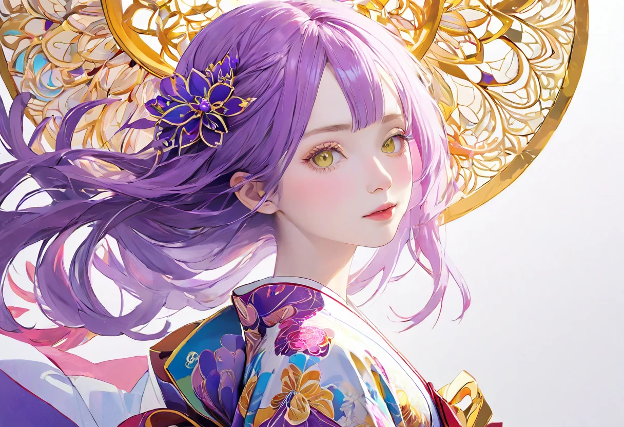 (((White background、White world)))、2、Unity 8k wallpaper、Super detailed、Beautiful and aesthetic、masterpiece、Highest quality、(Tangle、Mandala、Tangle、Tangle)、(Fractal Art:1.3)、One Woman、, violet eyes, Beautiful violet  hair、Japanese、Big pink、Yellow kimono、Japanese..., violet hair, violet eyes