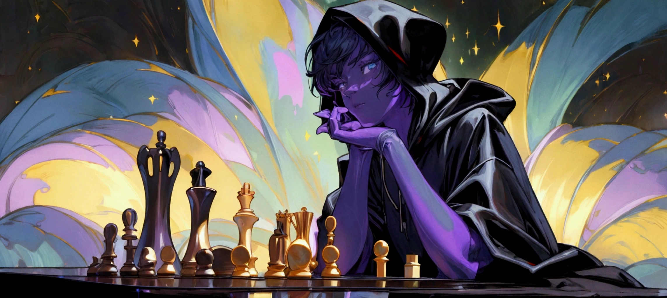 (highly detailed:1.3), (post-Impressionist:1.2),masterpiece, best quality, extreme detail, impressionism painting, realistic, man, playing chess at a table, short hair, looking at viewer, wearing black hooded robe and only shadow of his face is visible, pale skin, mystical, magical, glow, glowing, dark magical lighting, moody, cinematic, sparkle, glittering, darkness, celestialskin body,void cosmic body,colored skin,flat color,jet black skin,silhouette, galaxy background