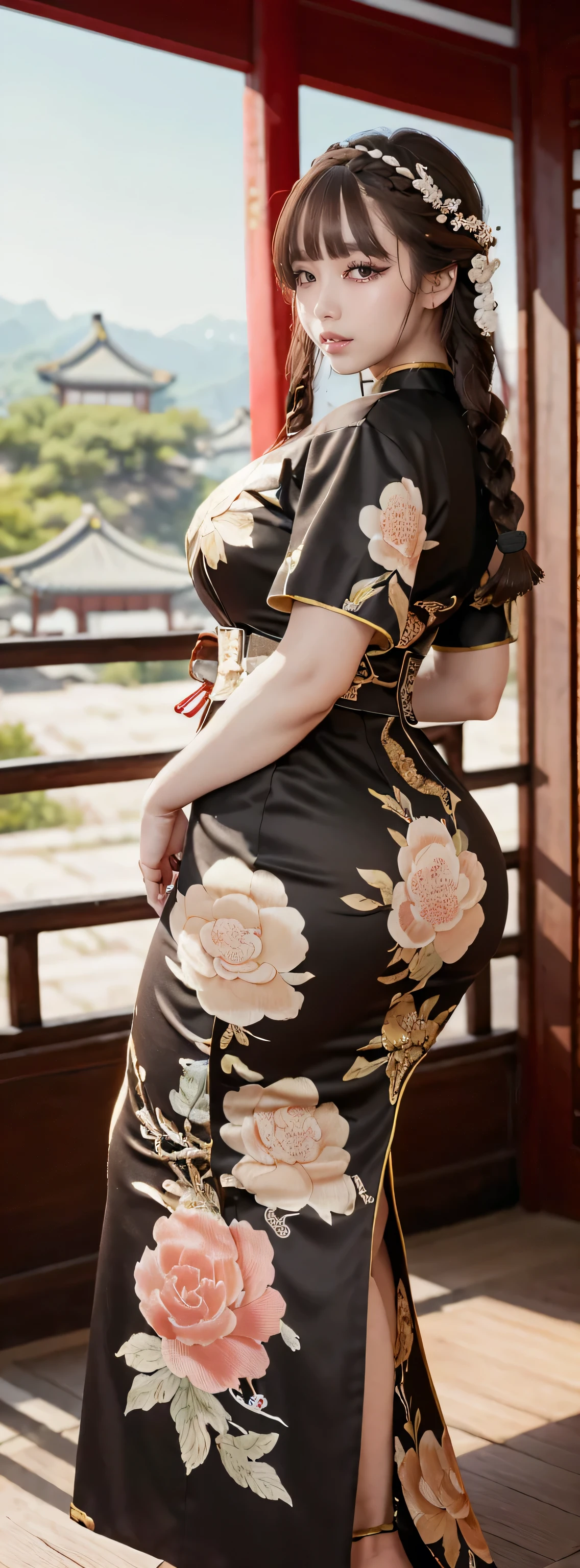 Realistic, masterpiece, Highest quality, Highest Resolution, Anatomically correct, Accurate anatomy, 7 heads, height: 165cm, One Japanese woman, profile, Gazing at the audience, Open mouth smile, Gazing at the audience, Beautiful and beautiful eyes, Sparkling eyes, Thin eyebrows, Gives lashes a delicate finish, False eyelashes, (Chinese traditional makeup:1.2), (dumpling+Braided hair, Blunt bangs, Brown Hair:1.2), Detailed face, Sharp eyes, (Traditional Chinese Dresses, Close-fitting clothing, Random Color:1.3), Toe to toe photos, Background like ink painting