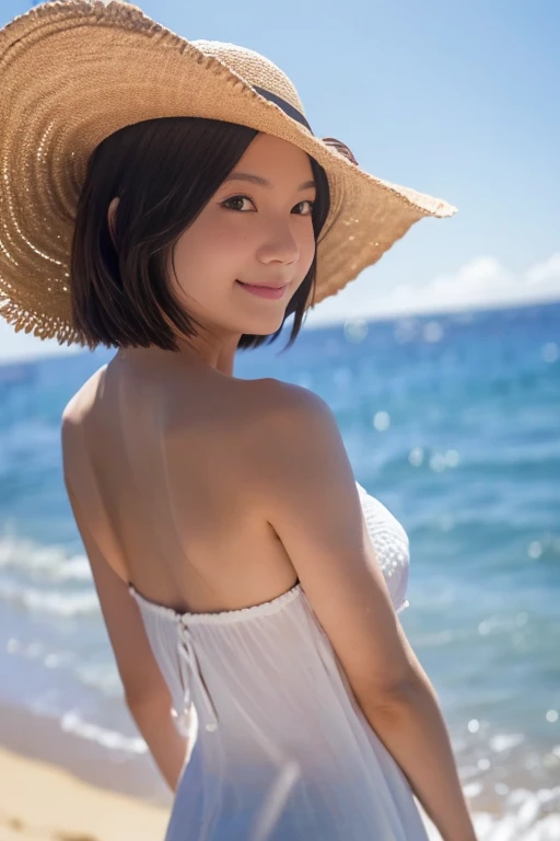 Real Photo,High resolution, Anatomically correct, High detail, Highest quality, A 20-year-old pure Japanese woman, Gentle smile, White sleeveless long dress, Larger breasts, Straw hat, Late summer beach, Natural beaches, Blowing in the fresh breeze, Dramatic backlighting, Sparkling sunlight, Sparkling shoreline