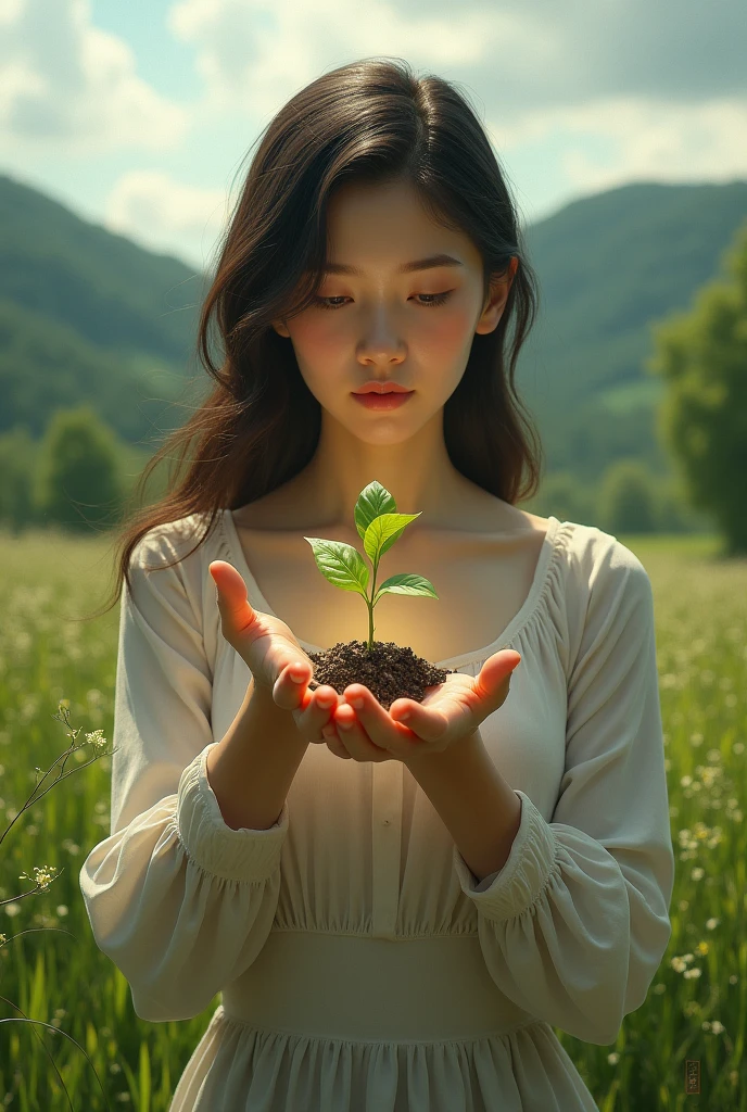 Woman raising a tree from her hand、Realistic