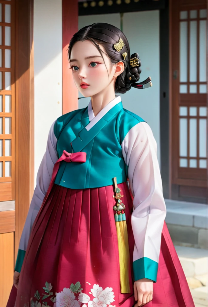 (masterpiece), (Detailed illustrations), top quality, illustration, (intricate details), (Korean style, realistic: 1.37), Close-up of upper body, Very delicate and beautiful, very detailed, 8K wallpapers, amazing, fine details, high resolution, very detailed eyes and face, Full body front view, (Looking for viewers: 1.4), Korean style Hanok, Traditional Korean Houses, Korean woman, The Girl in the Hanbok, (20 years old), pale skin, Black hair pulled up into a bun and decorated with gold decorative pins, headdress, earring, floral pattern, Summer hanbok made of thin material, Close-up photo of a woman standing in a wide, voluminous crimson hanbok skirt, beautiful, Gorgeous and classic, Detailed depiction of traditional Korean clothing,