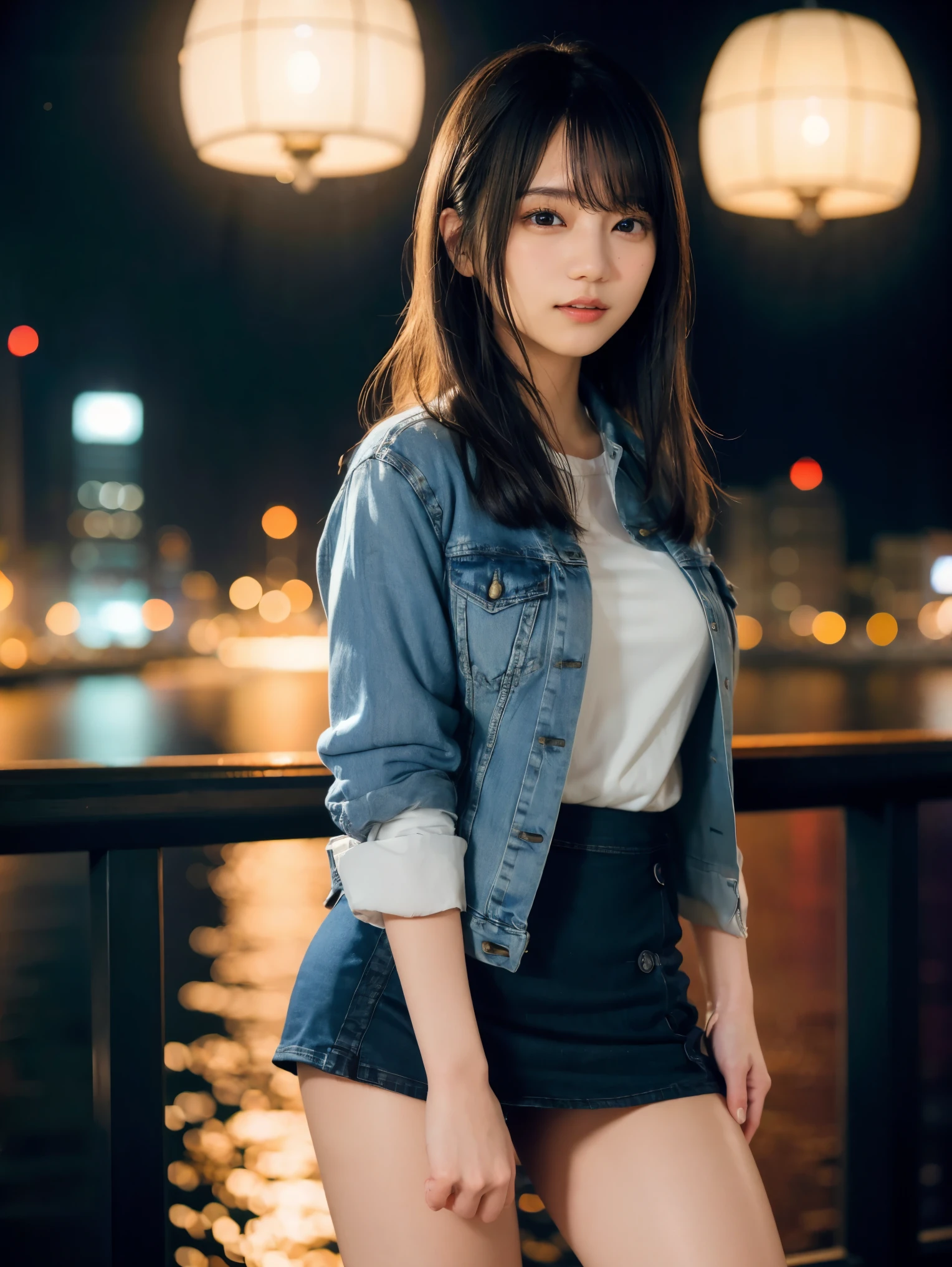 1 girl、(Denim jacket and black mini skirt:1.2)、(RAW Photos、Highest quality)、(Genuine、Realistic:1.4)、masterpiece、Very delicate and beautiful、非常にdetailed、2k wallpaper、wonderful、detailed、非常にdetailed CGユニティ 8k 壁紙、非常にdetailed、High resolution、Soft Light、美しいdetailed女の子、非常にdetailed目と顔、美しいdetailed鼻、美しいdetailed特別な目、Cinema Lighting、City lights at night、Perfect Anatomy、Slender body、A light smile、close、(Long hair with bangs)、Large Breasts、Photograph the whole body、The background is the sea