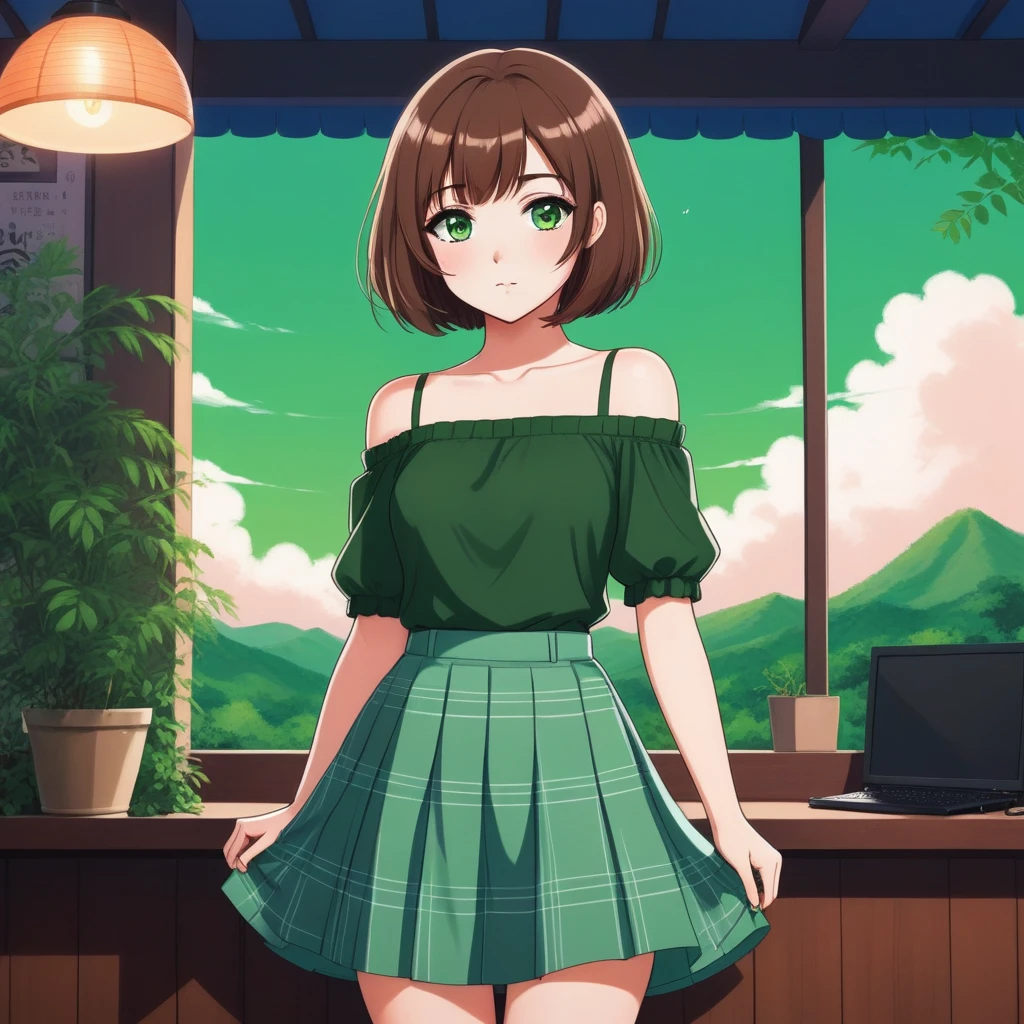 An anime styled girl with a bob cut, brown hair and green eyes, wearing a skirt and  an off the shoulder top. With a lofi style aesthetic background