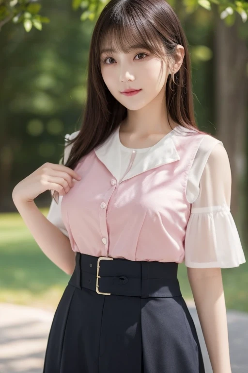 4K, LDR, best quality, masterpiece, high detail, super high resolution, digital photography, bangs, film lighting, (Fujifilm color:1.2) portrait, wide angle view, professional, (photography: 1.2), (dynamic pose: 1.1), (close up), 1 girl, solo, slightly smiling, delicate face, medium breasts, wide hips, classic wavy long hair, (FSB:1.5), (Frosuke: 1.5), white shirt, (BREAK black bra),bow, BREAK pink pleated skirt, school uniform, school bag, short sleeves, bangs, outdoor,collared shirt,park,tree,flower,blurred background, look to the side,dress shirt,blue sky,cloud
