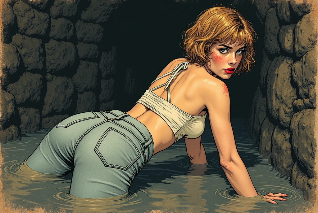 Caucasian woman, blonde hair, wavy hair, long hair, athletic body, (((torn black shorts))), (((standing outside a wooden bathroom))), gloomy, barefoot, (((no people))), (((shot from the back))), (((terrifying atmosphere))), darkness, focusing on buttocks, naked torso, (((in the background you can see an old bathtub))), (((shot from behind up))).