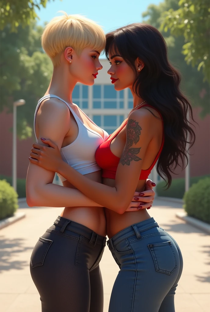 Two girls kissing, a blonde girl with short hair, wearing a blue crop top and short denim shorts kissing another with Silver hair wearing a black latex shirt