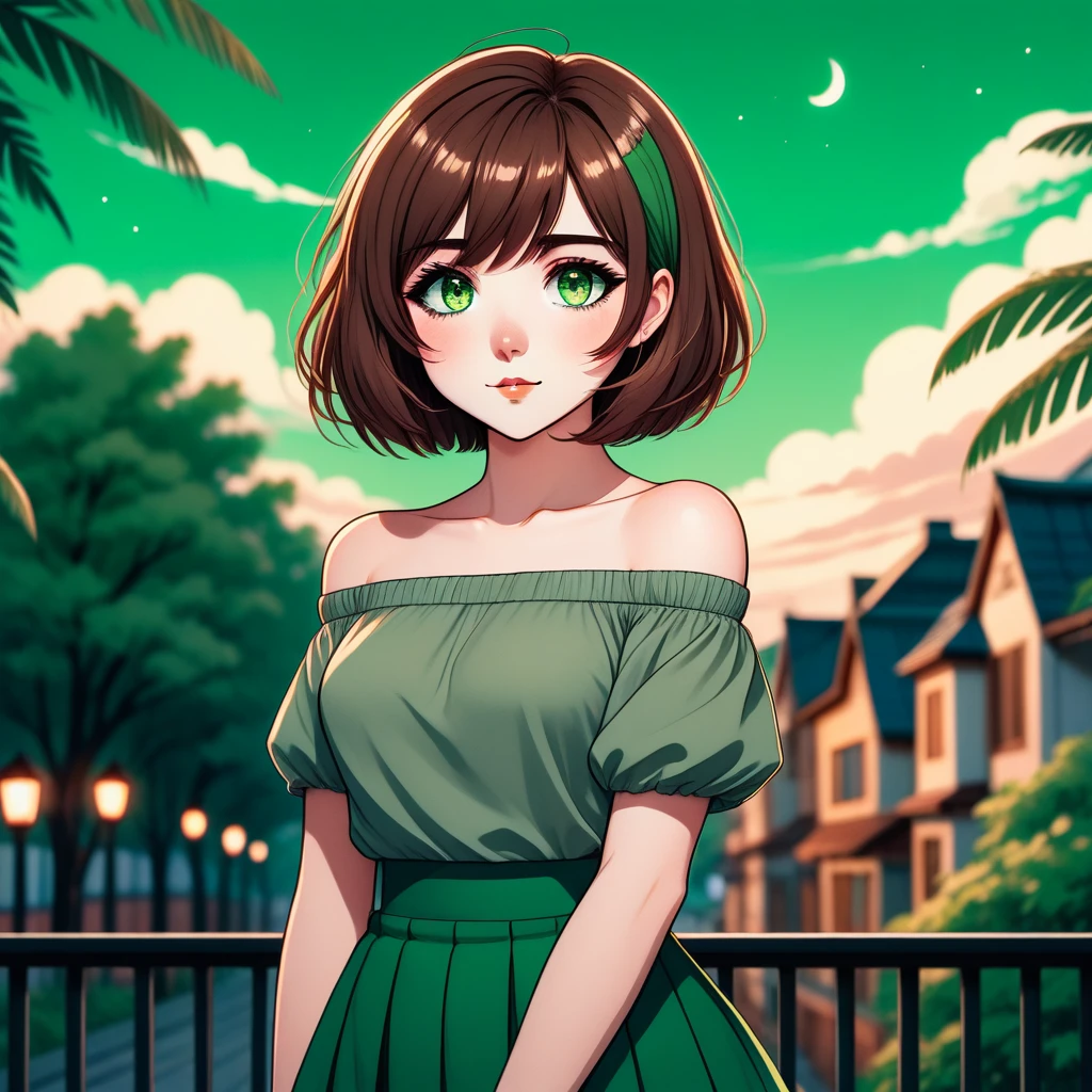 An anime styled girl with a bob cut, brown hair and green eyes, wearing a skirt and  an off the shoulder top. With a lofi style aesthetic background