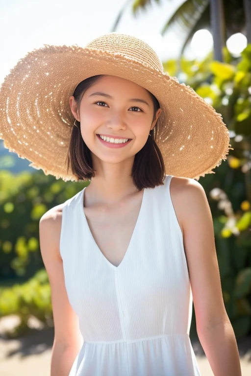 masterpiece,best quality,(Japanese ),((Beautiful girl)),cleavage,(perfect body beauty:1.2),(shy smile),beautiful teeth,(straw hat),(seaside),