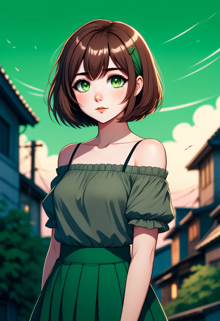 An anime styled girl with a bob cut, brown hair and green eyes, wearing a skirt and an off the shoulder top. With a lofi style aesthetic background