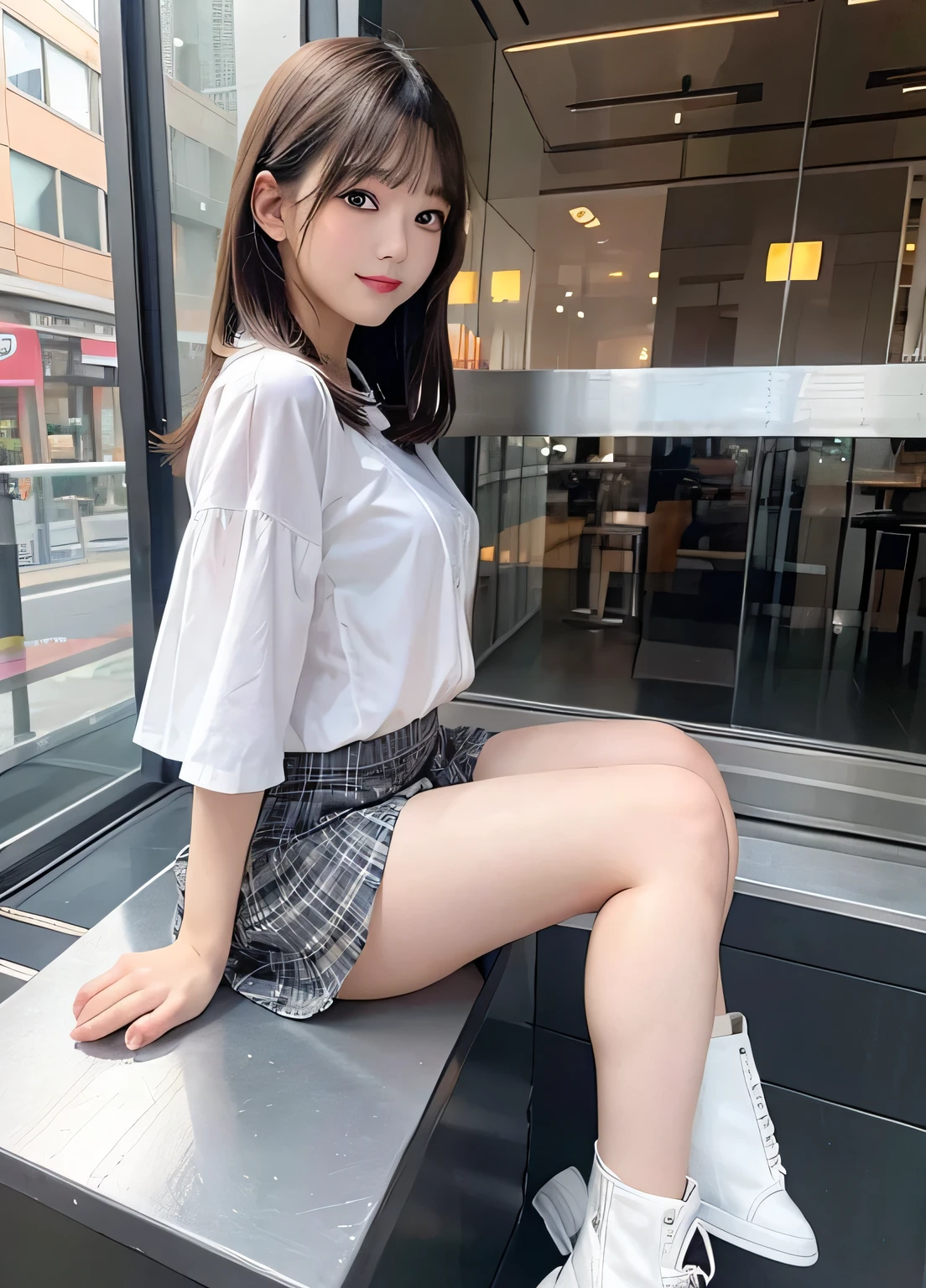(Highest quality, masterpiece, Ultra-high resolution, 8K, RAW Photos, Realistic, Anatomically correct:1.5), high school girl、20-year-old girl:1.2, Embarrassing, avert your eyes, blush:1.0, View Viewer, ((Cyber Factory)) 、Night view、 Light:1.2, Bokeh, Cinema Lighting:1.0, Depth of written boundary, sharp、 Cute face、Idol、Light blue short sleeve top、Black pleated skirt、((Silk luster))、”dwarf”、Full Body Shot、Cowboy Shot、(( smile))、(Ultra short hair)、(Medium Hair)、(Straight bangs)、((One woman))、